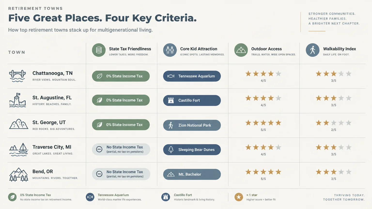 Comparison table rating five retirement towns on tax friendliness, core kid attractions, outdoor access, and walkability.