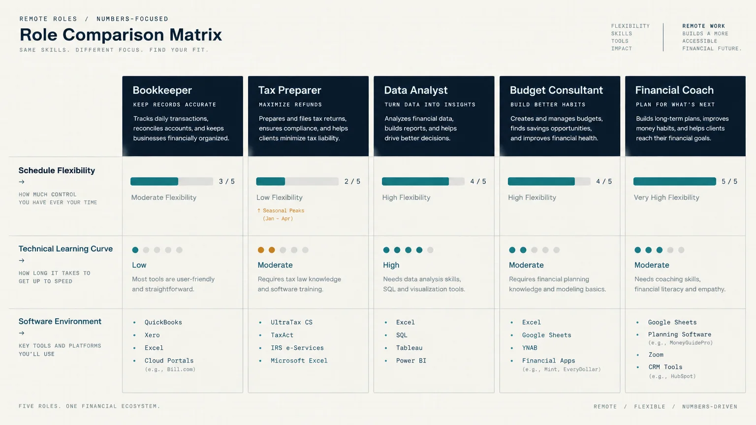 Role comparison matrix table comparing flexibility, learning curves, and software environments for five financial roles.