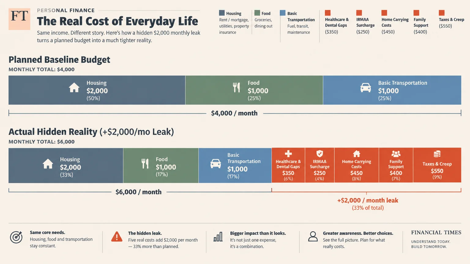 Bar chart comparing a $4,000 planned baseline budget against a $6,000 actual budget with a $2,000 monthly expense leak.