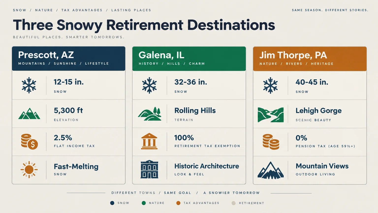 Infographic comparing snowfall, terrain, tax rates, and lifestyle highlights for Prescott, AZ, Galena, IL, and Jim Thorpe, PA.
