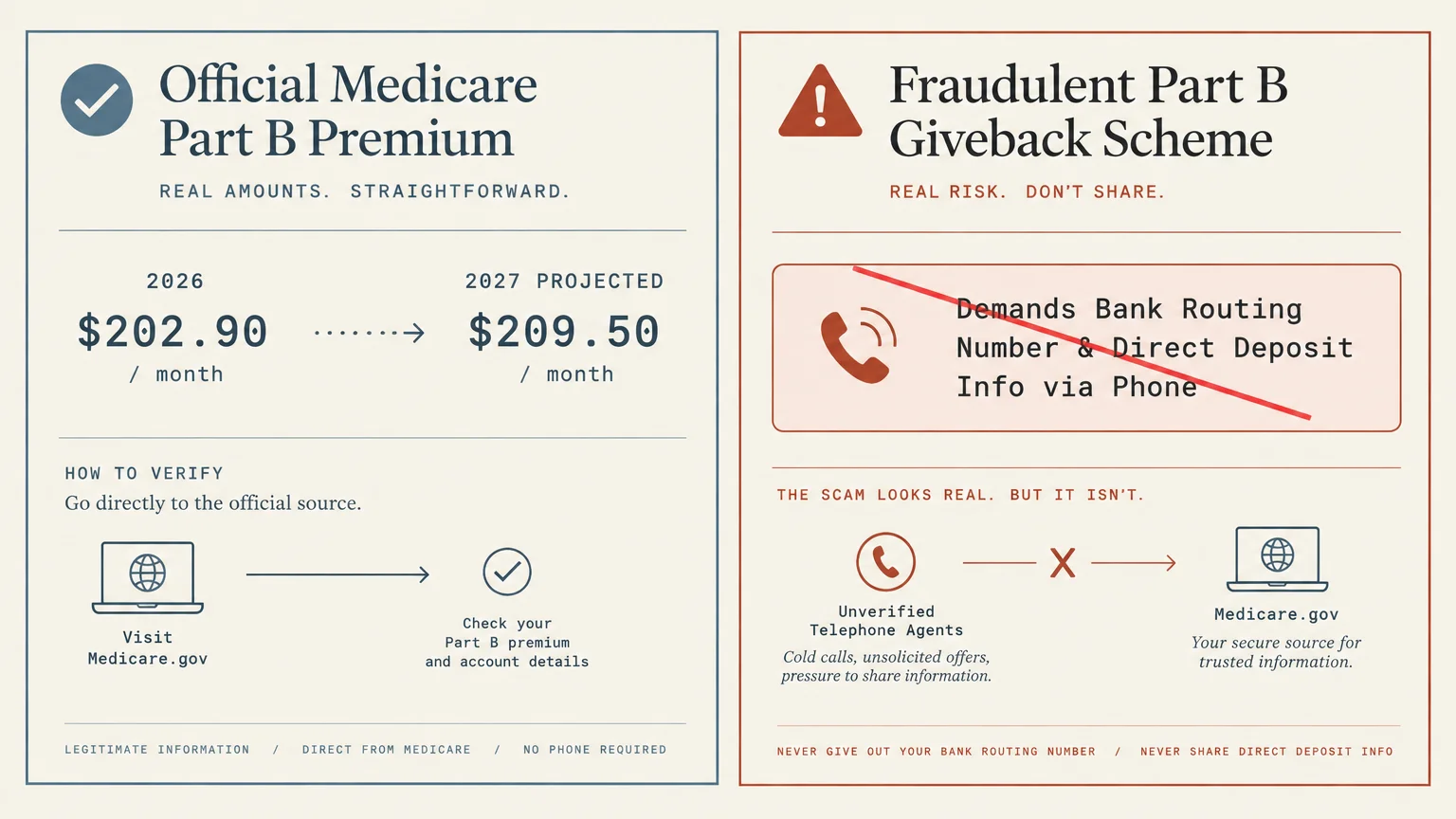 Graphic comparing official Medicare Part B premiums with a warning against phone scams demanding bank routing numbers.
