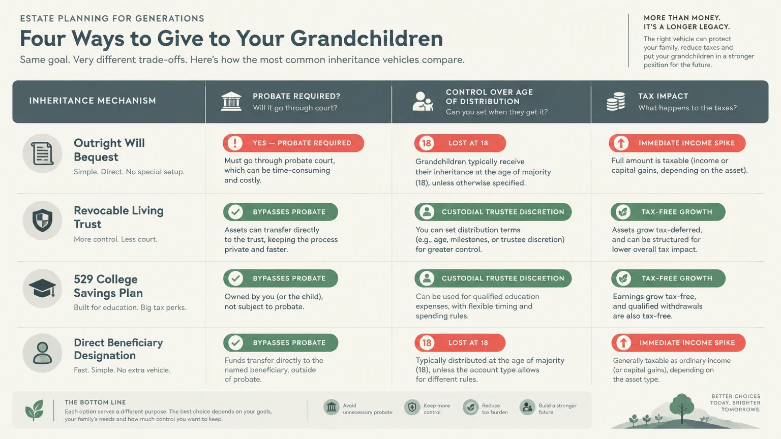 Table comparing four grandchild inheritance options across probate requirements, control over distribution age, and taxes.