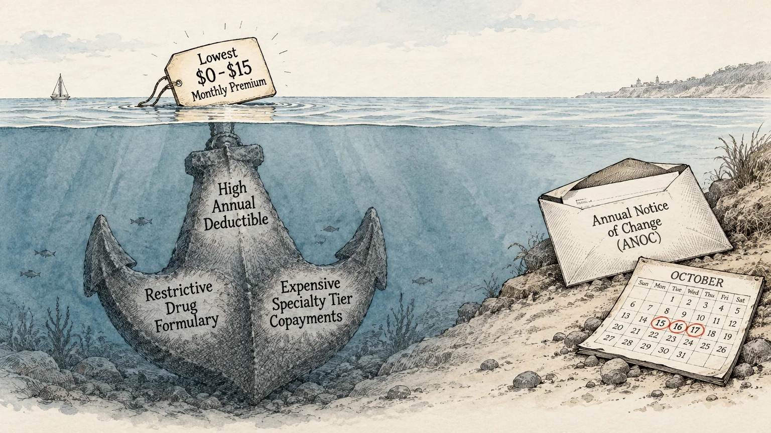 Undersea anchor with a low premium price tag, hidden costs on the flukes, beside a notice envelope and calendar.