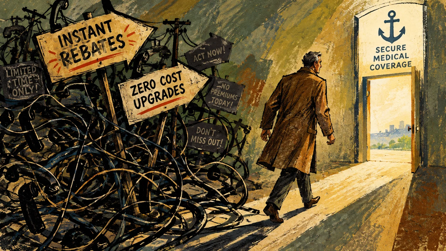 Illustration of a man walking past tangled telephone cords with scam signs toward an open doorway marked secure coverage.