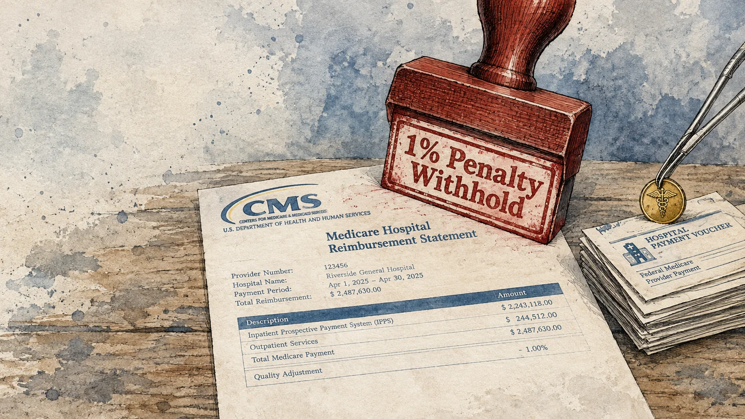 Illustration of a Medicare reimbursement statement stamped with 1% Penalty Withhold next to a stack of payment vouchers.