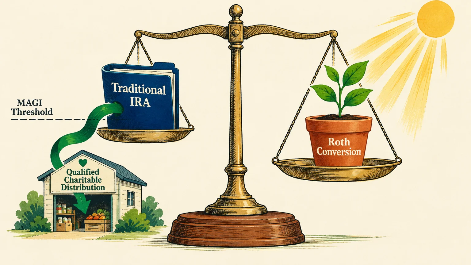 Balance scale weighing a Traditional IRA folder linked to a charity building against a potted plant labeled Roth Conversion.