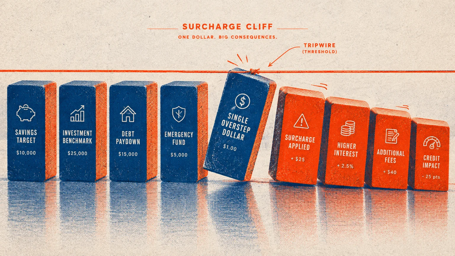 Domino blocks showing financial milestones where a single overstep dollar topples dominoes labeled surcharge applied and fees.