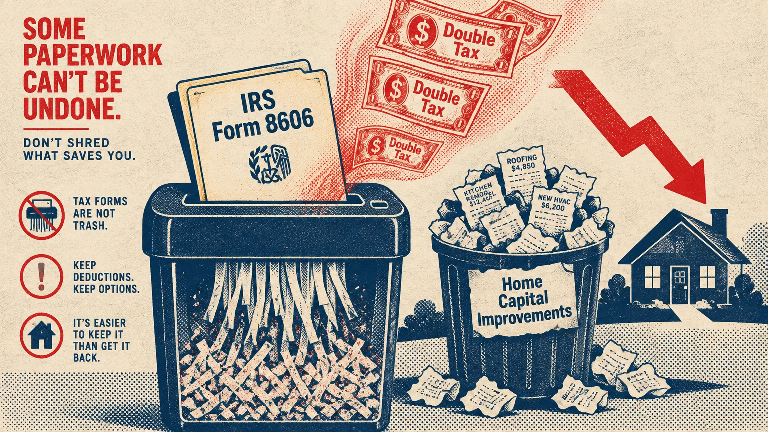 Illustration of IRS Form 8606 entering a paper shredder next to a trash bin full of home improvement receipts.