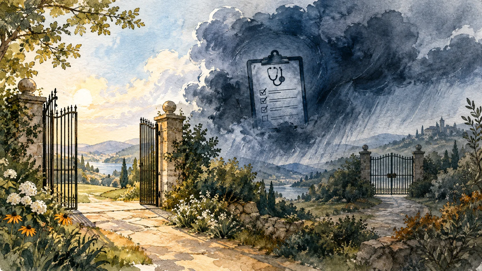 Watercolor illustration showing an open gate beside a closed gate, with storm clouds framing a medical checklist clipboard.