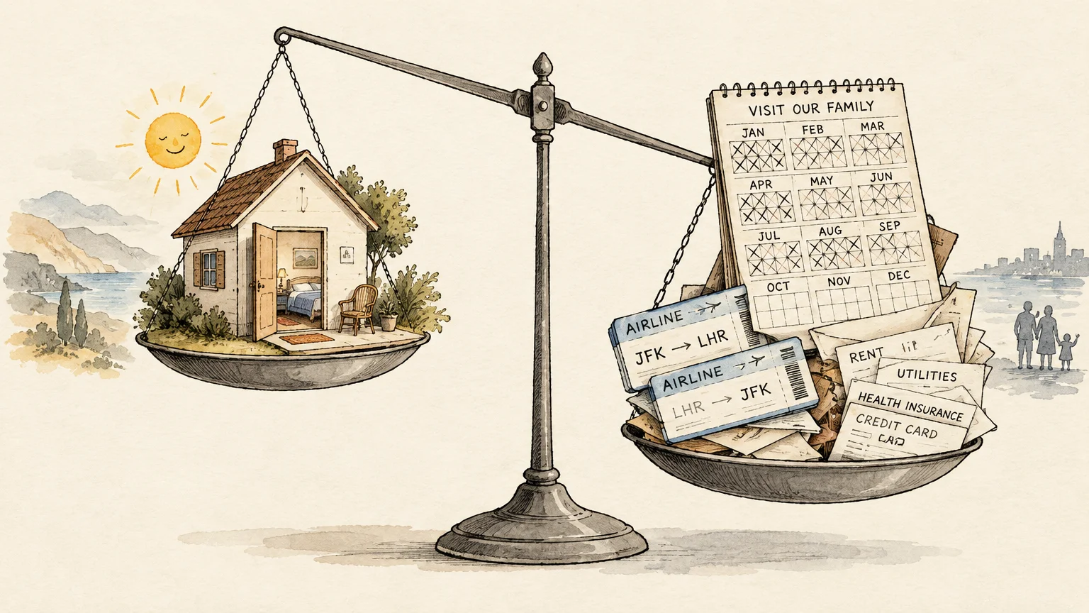 Illustration of a scale balancing a small house on one side against a calendar, bills, and airline tickets on the other.