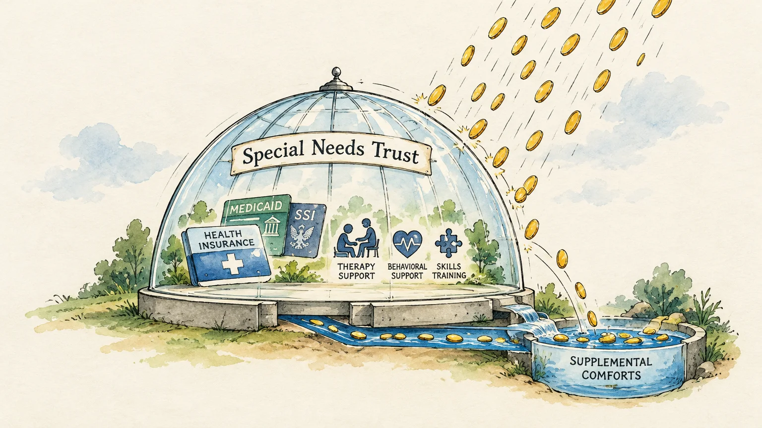 Illustration of gold coins raining onto a glass dome labeled Special Needs Trust, protecting Medicaid and SSI benefits inside.