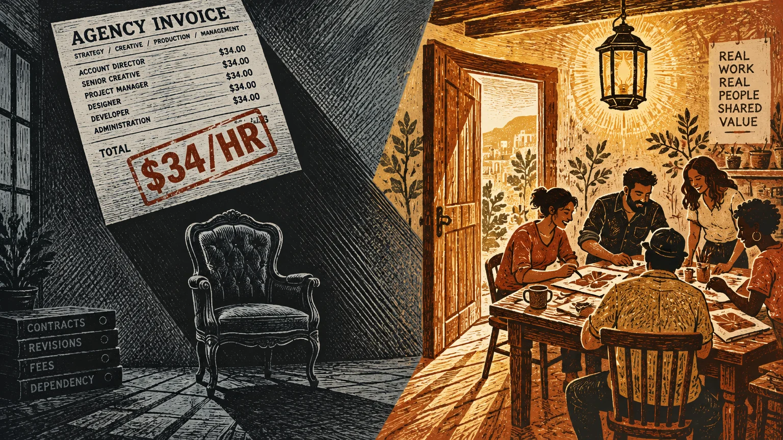 Split illustration of an empty dark room with an agency invoice next to a warm gathering of people around a table.