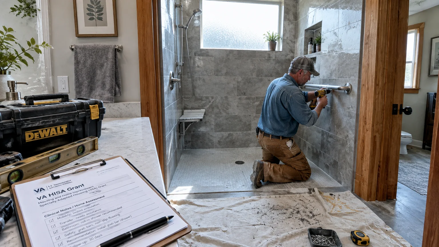 A contractor drills a grab bar into a tiled walk-in shower near a clipboard showing a VA HISA Grant assessment form.