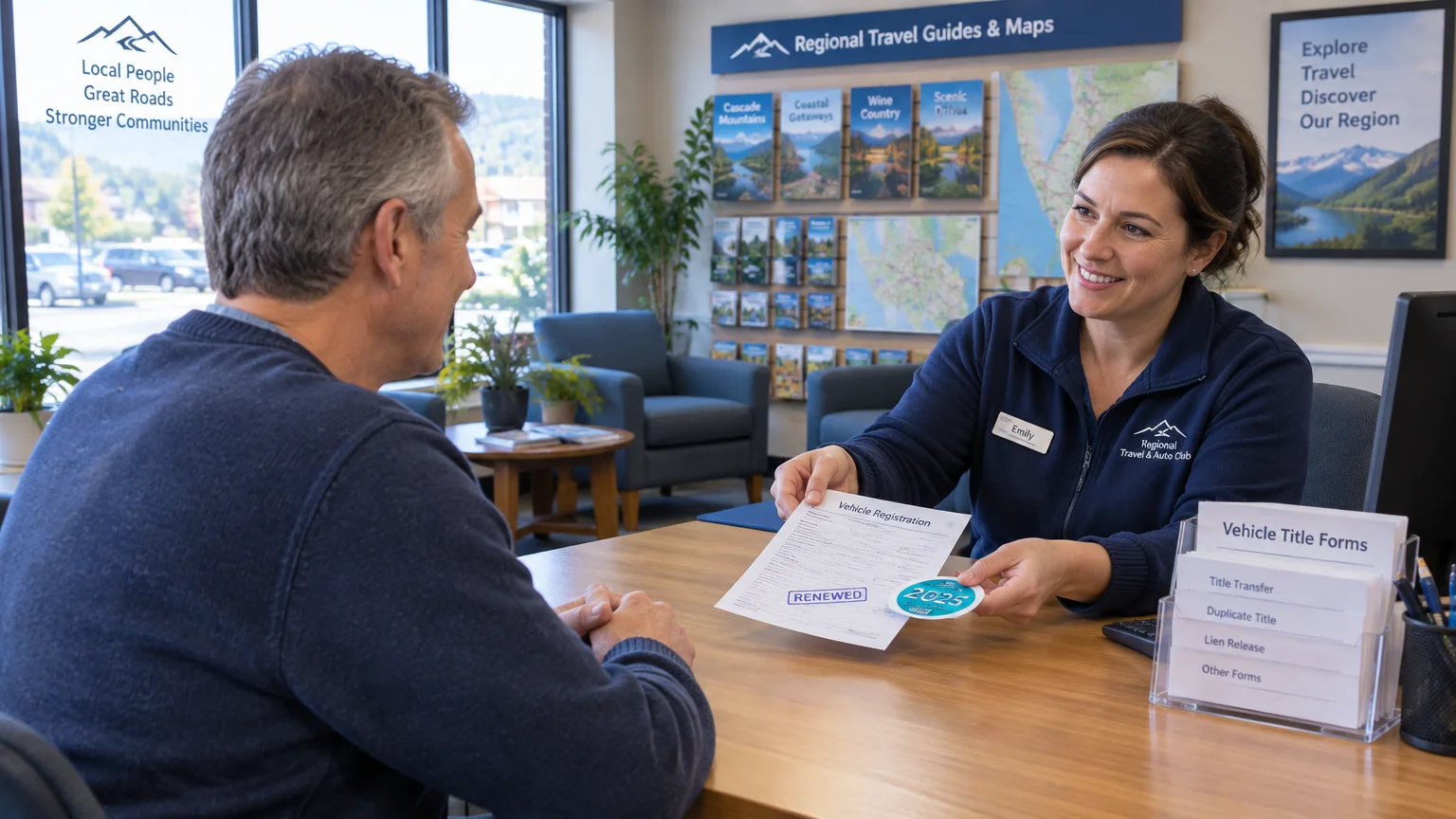 Auto club agent handing a stamped vehicle registration paper and sticker to a seated man across a desk.