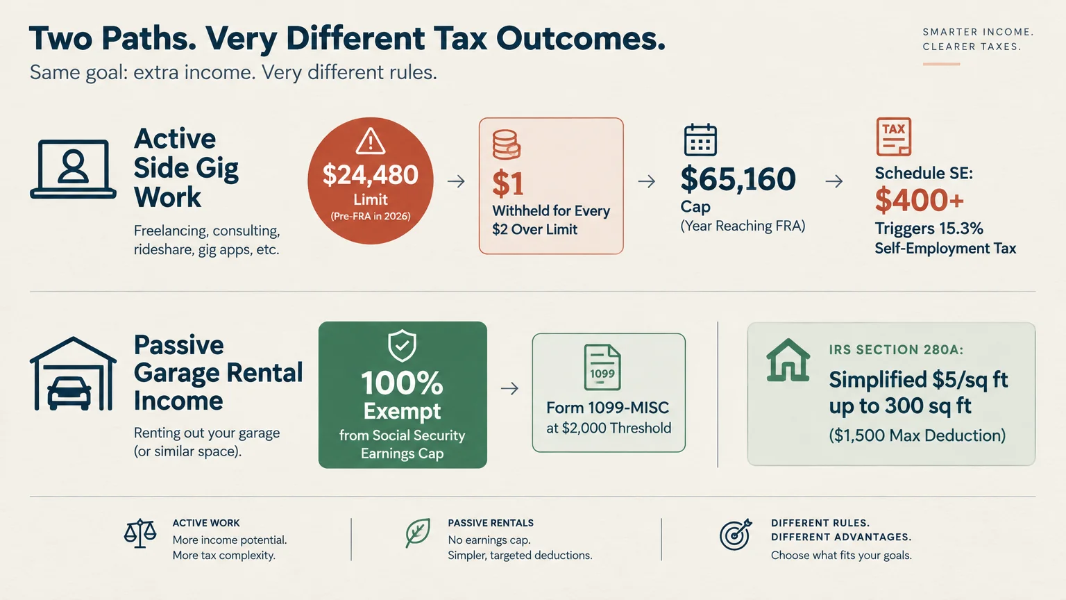 Diagram comparing active side gig work tax rules and limits against passive garage rental income exemptions and deductions.