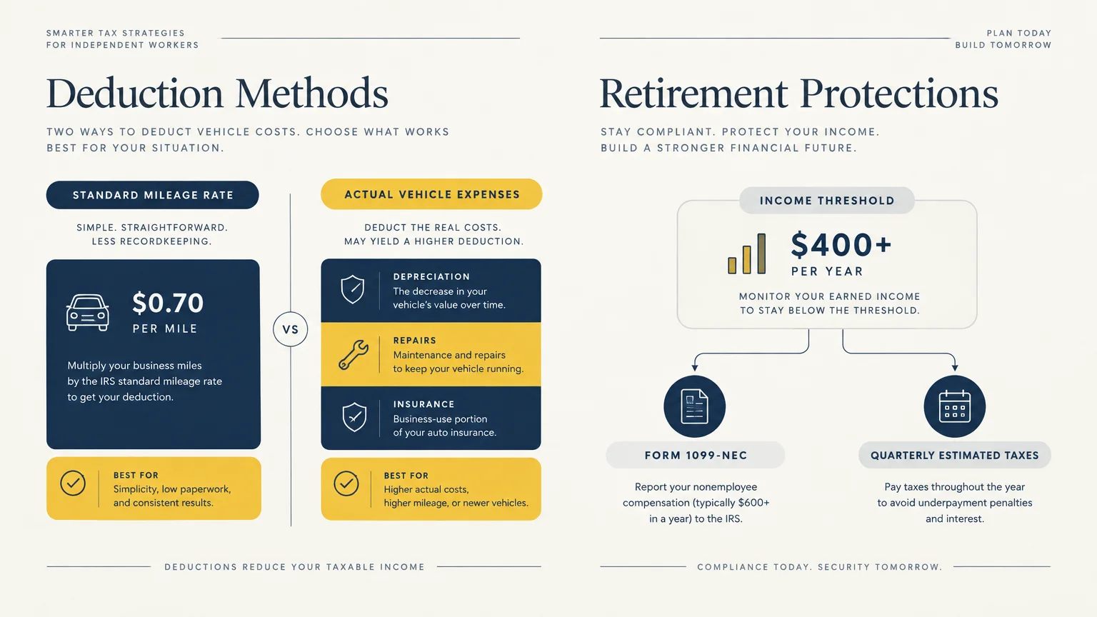 Infographic comparing standard mileage versus actual vehicle deductions alongside income thresholds and quarterly estimated taxes.