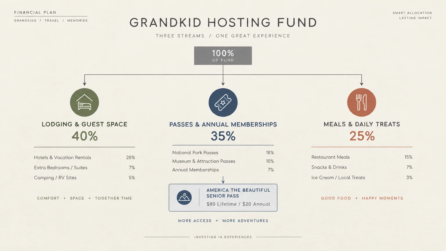 Infographic detailing a Grandkid Hosting Fund divided into lodging, passes and memberships, and meals and treats.