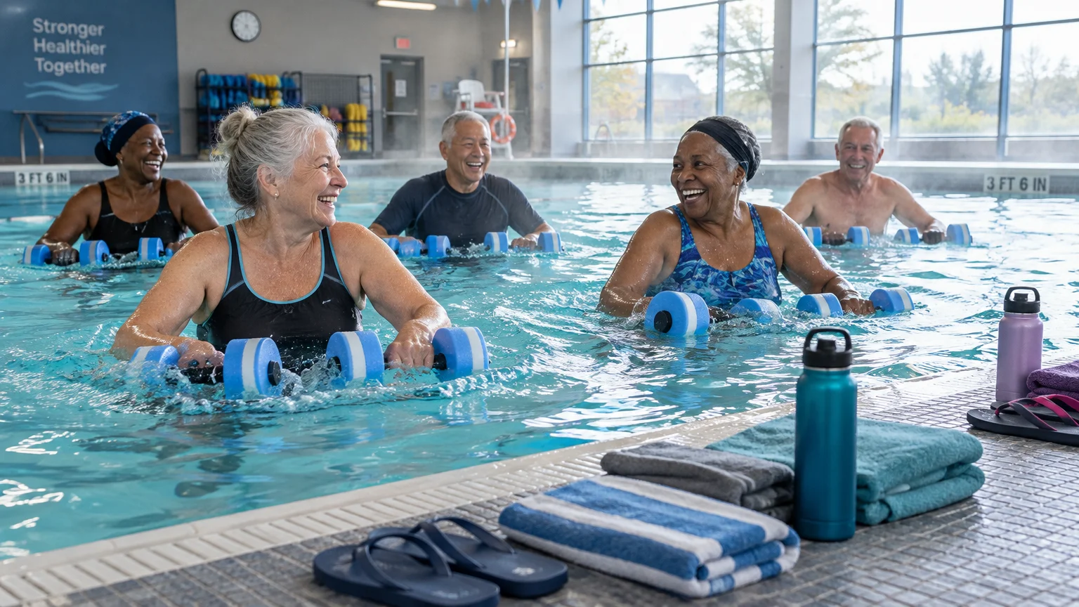 Smiling older adults exercising in an indoor swimming pool with foam water dumbbells.
