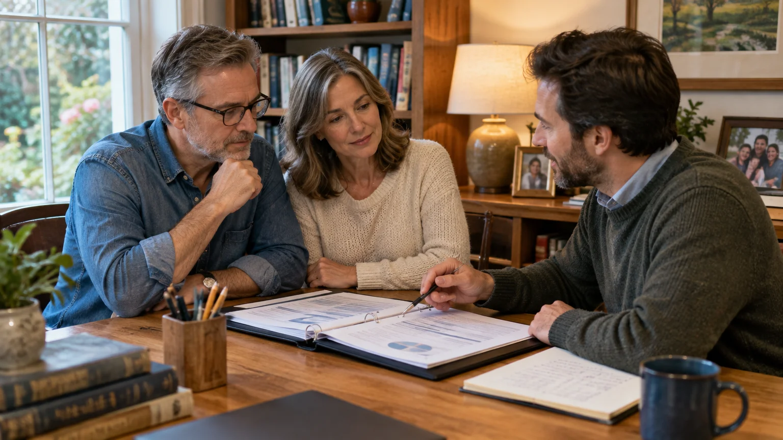 A male advisor with a pen reviews printed financial documents with a middle-aged couple seated across the table.