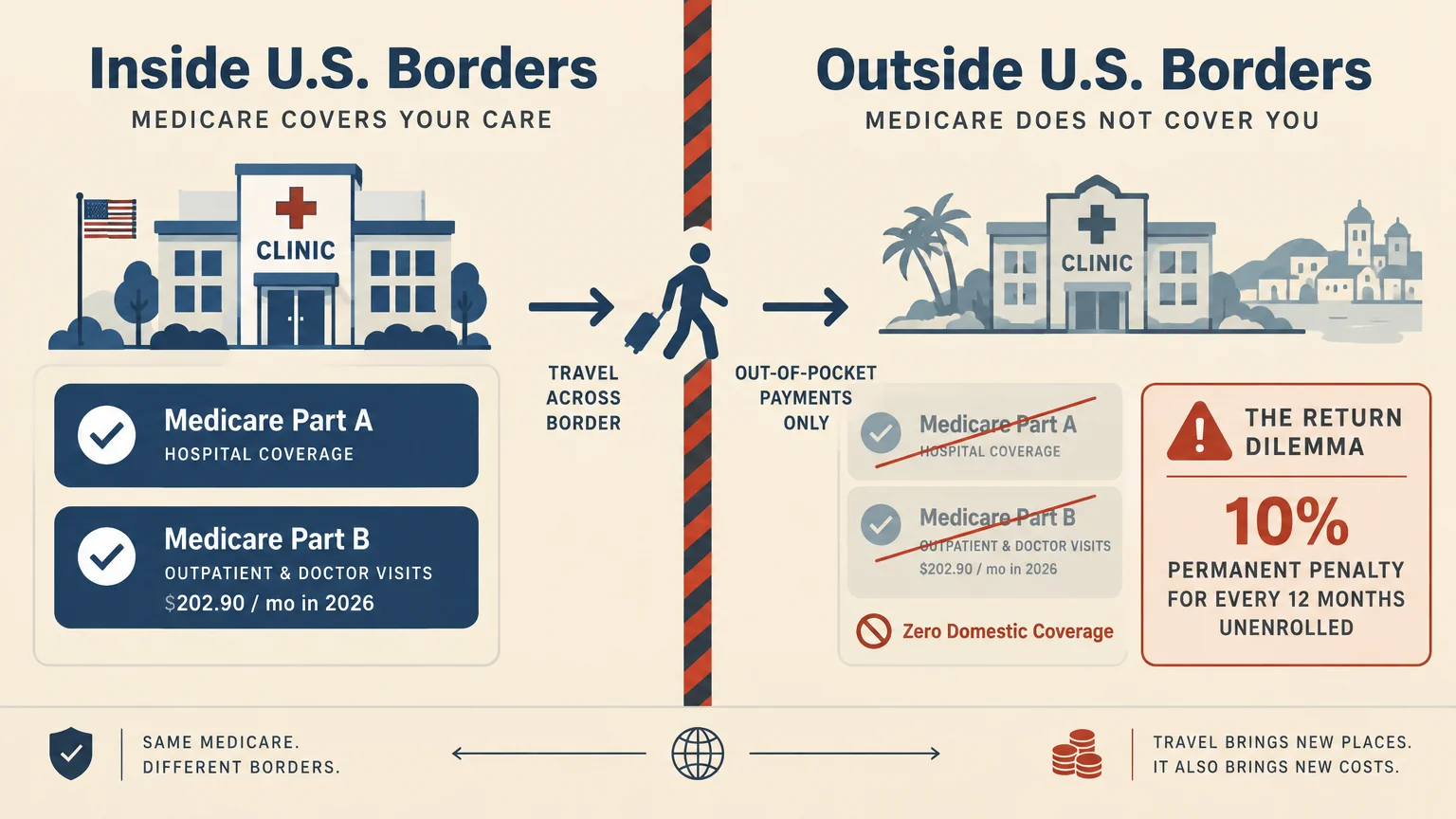 Diagram contrasting Medicare coverage inside U.S. borders with outside borders, highlighting a 10% permanent penalty risk.