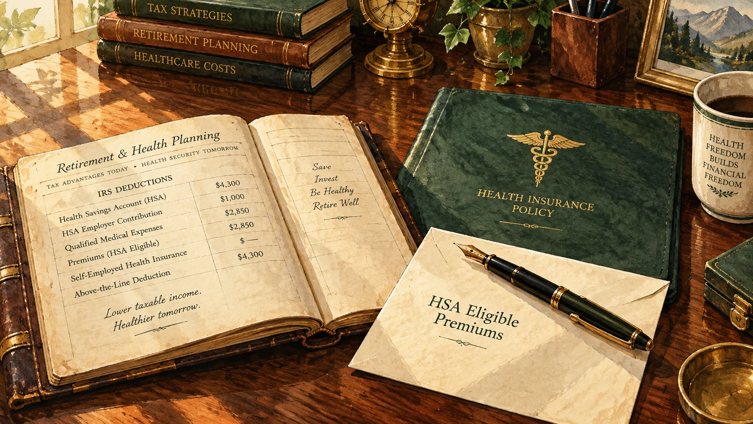 Illustration of an open ledger listing tax deductions alongside an envelope reading HSA Eligible Premiums and a pen.