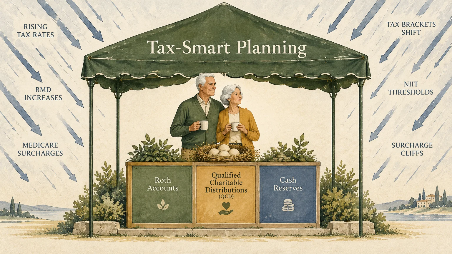 Illustration of an older couple sheltered under a green canopy labeled Tax-Smart Planning while rain arrows fall around them.