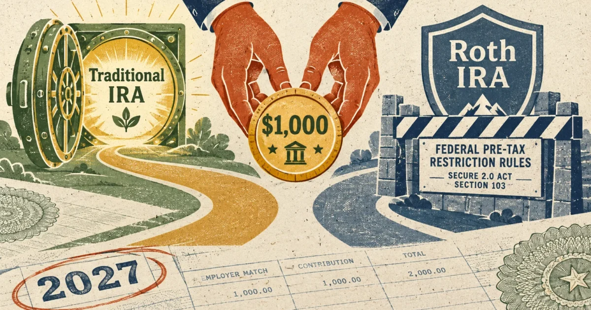 Hands holding a $1,000 gold coin between an open Traditional IRA vault and a blocked Roth IRA pathway.