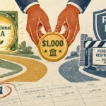 Hands holding a $1,000 gold coin between an open Traditional IRA vault and a blocked Roth IRA pathway.