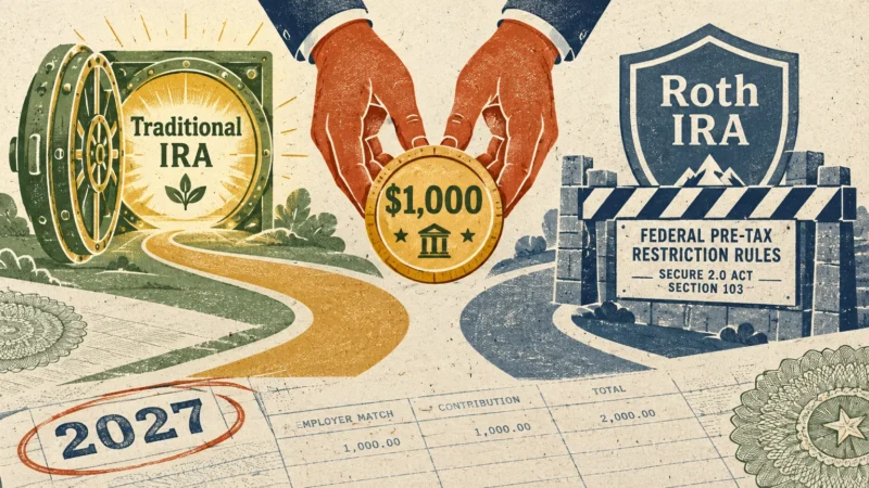 Hands holding a $1,000 gold coin between an open Traditional IRA vault and a blocked Roth IRA pathway.