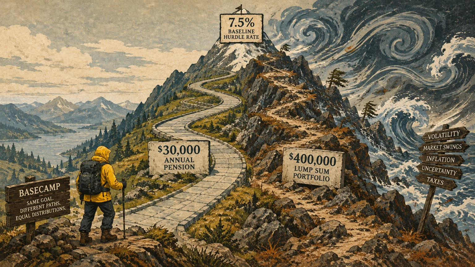 Illustration of a hiker facing two mountain paths marked with signs for a pension, lump sum, and baseline hurdle rate.