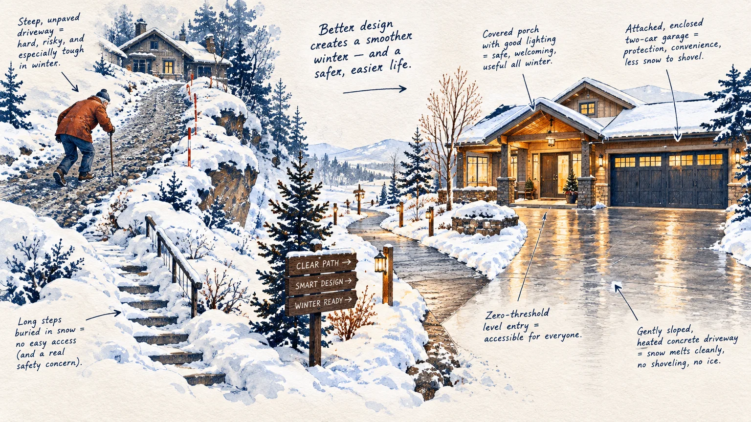Illustration contrasting a steep, snow-covered driveway with an accessible home featuring a cleared, heated driveway.