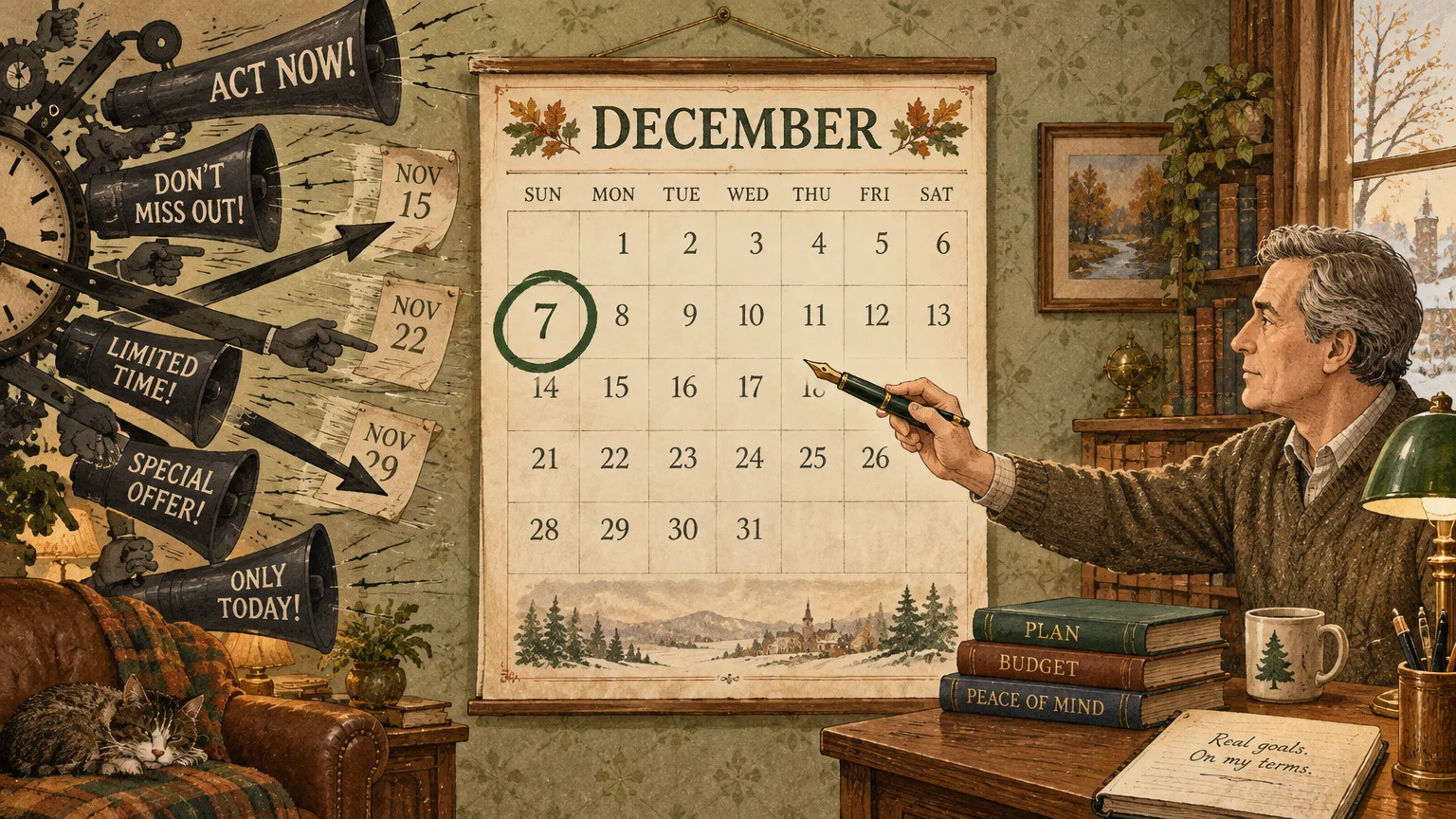 Illustration of a man pointing a pen at December 7 on a wall calendar while ignoring megaphones shouting urgent demands.