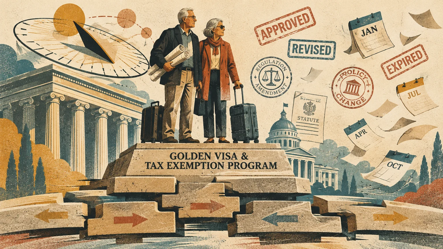 Senior couple with luggage stands on a stone pedestal surrounded by official stamps, calendar pages, and classic buildings.