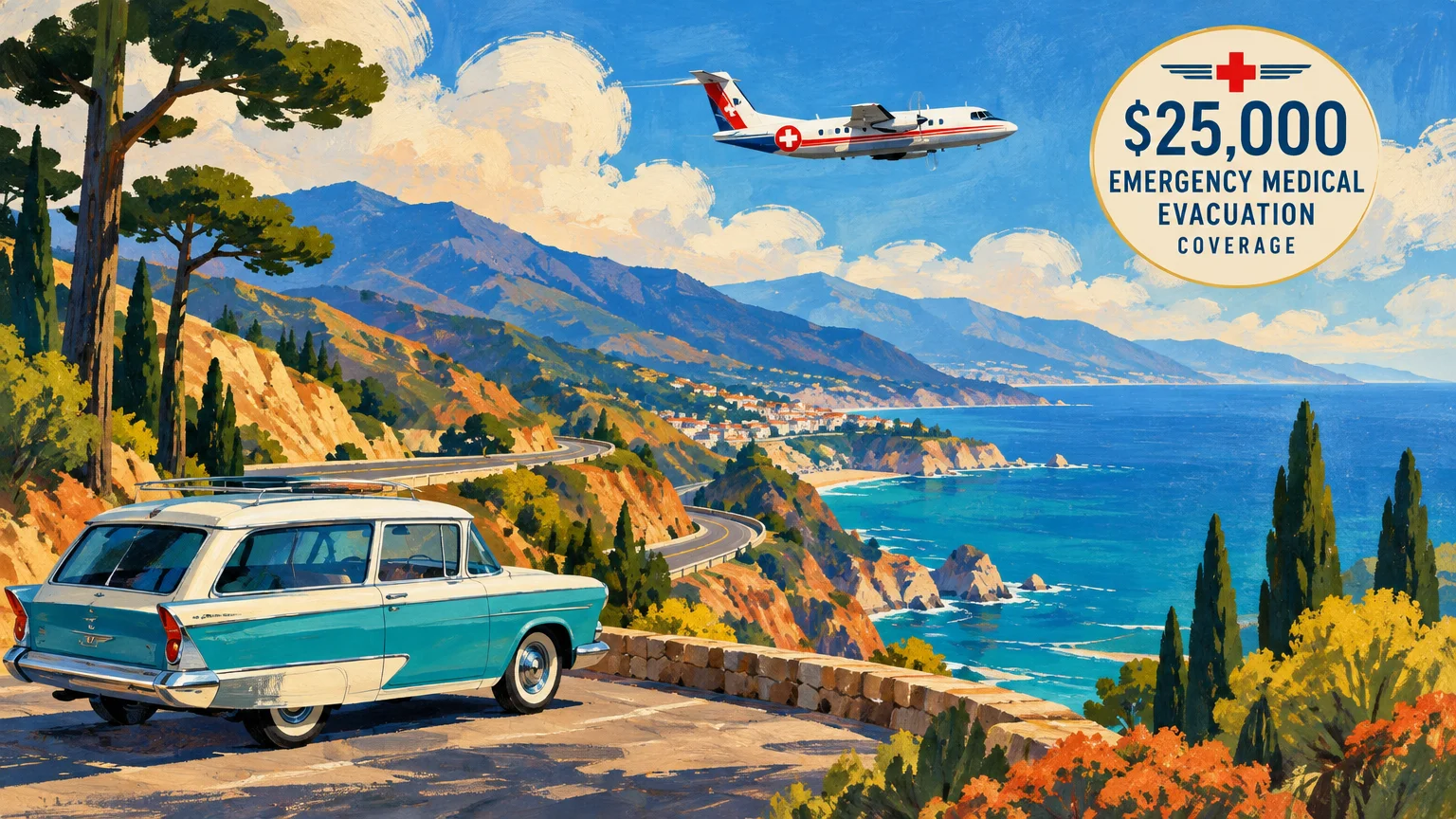 Illustration of a vintage car parked along a coastal highway with a medical airplane flying overhead against a blue sky.