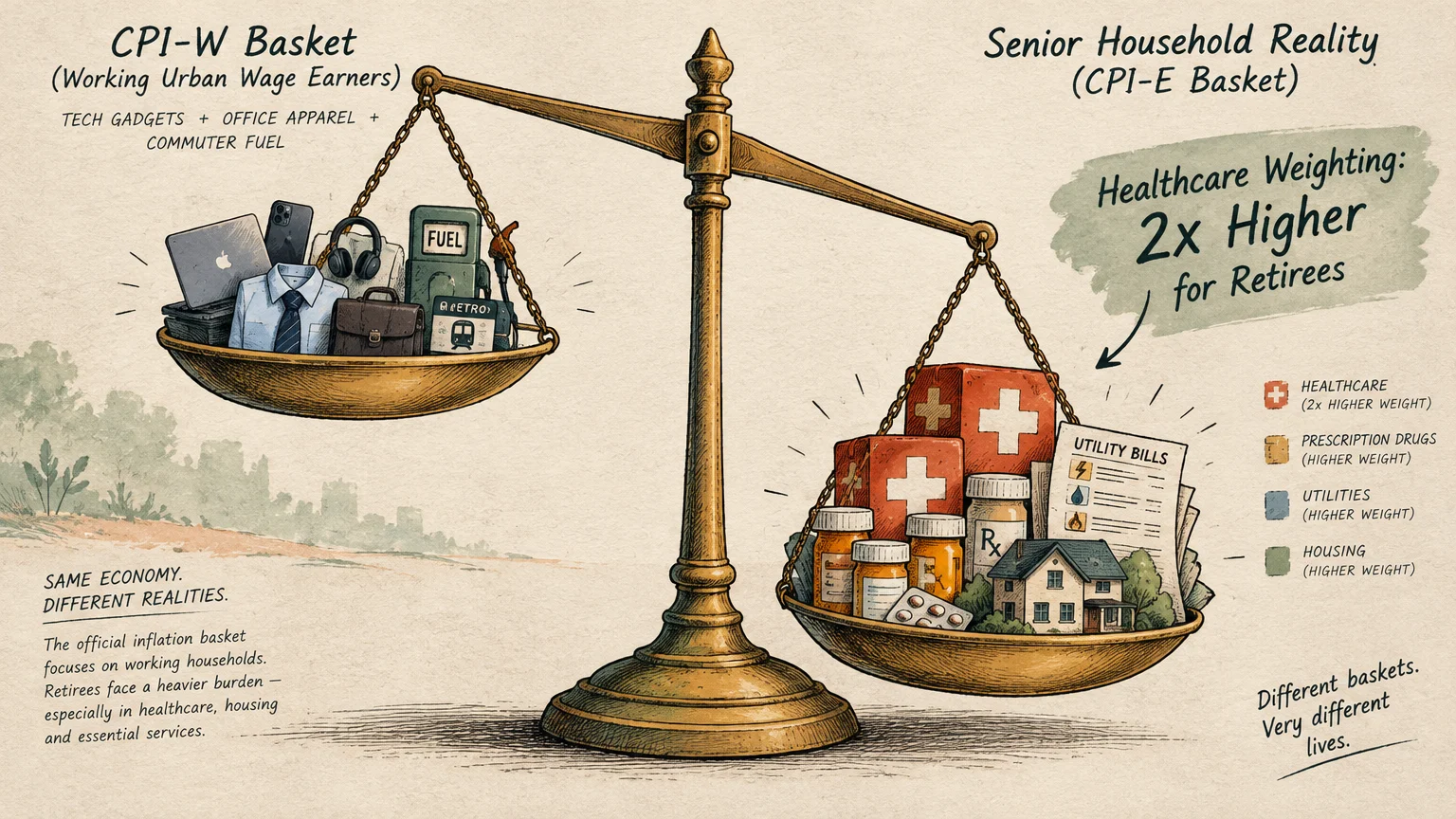 Illustration of a balance scale comparing working-class expenses against heavier senior costs like healthcare and housing.