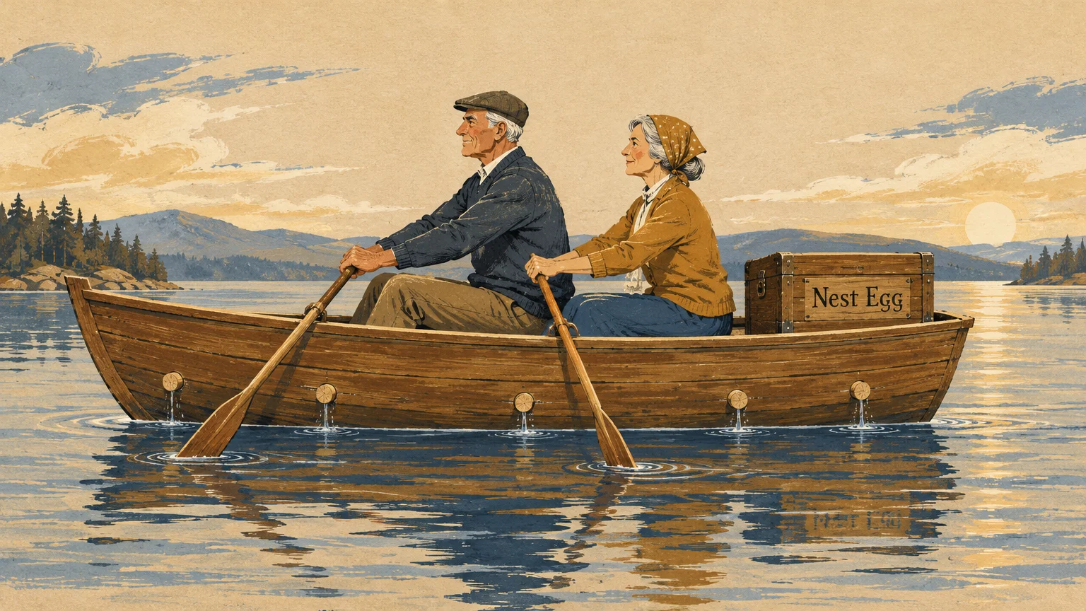Illustration of an older couple rowing a wooden boat with plugged leaks and a wooden chest labeled Nest Egg.