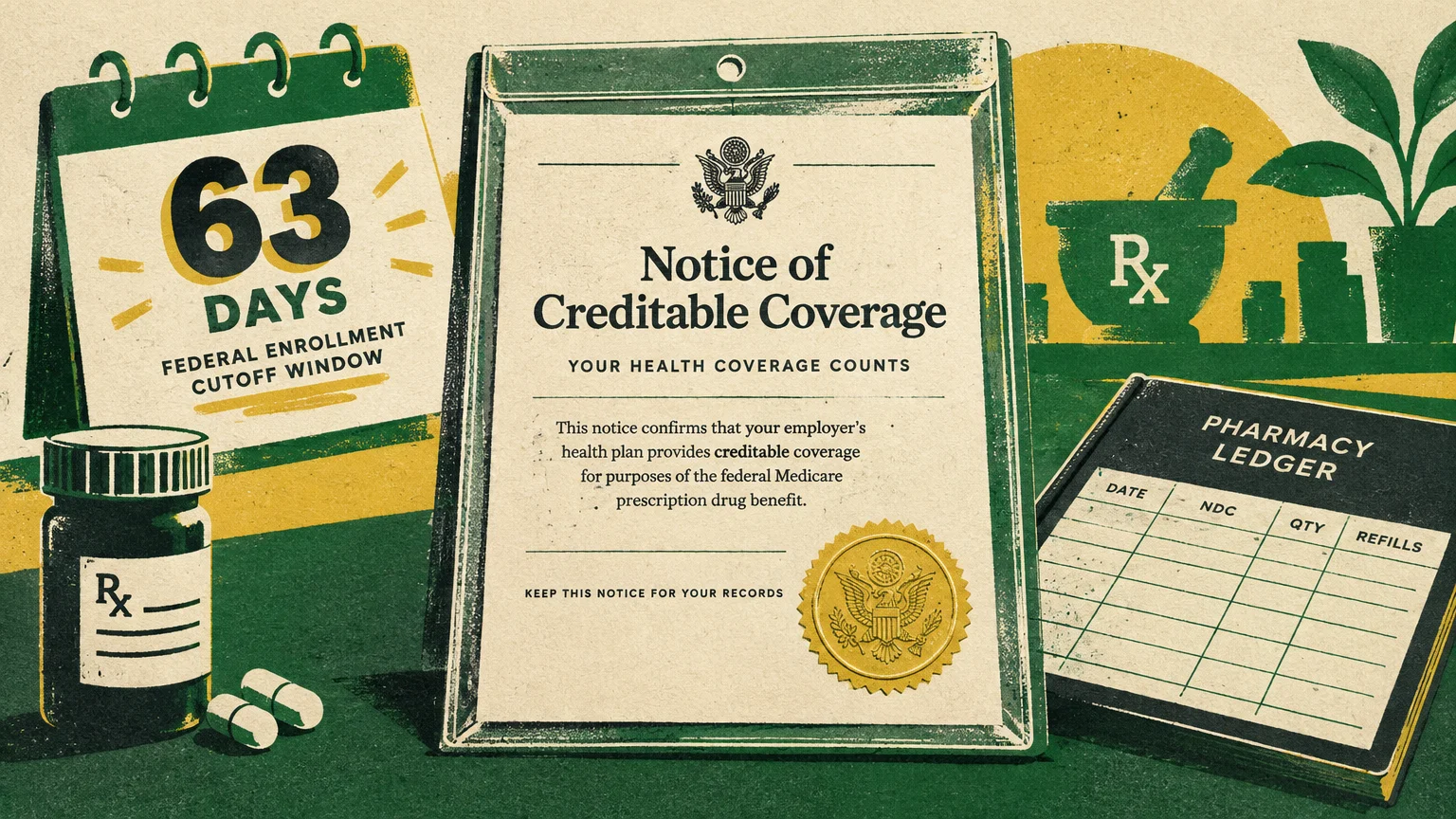 Illustration of a Notice of Creditable Coverage document beside a 63 days calendar, pill bottle, and pharmacy ledger.