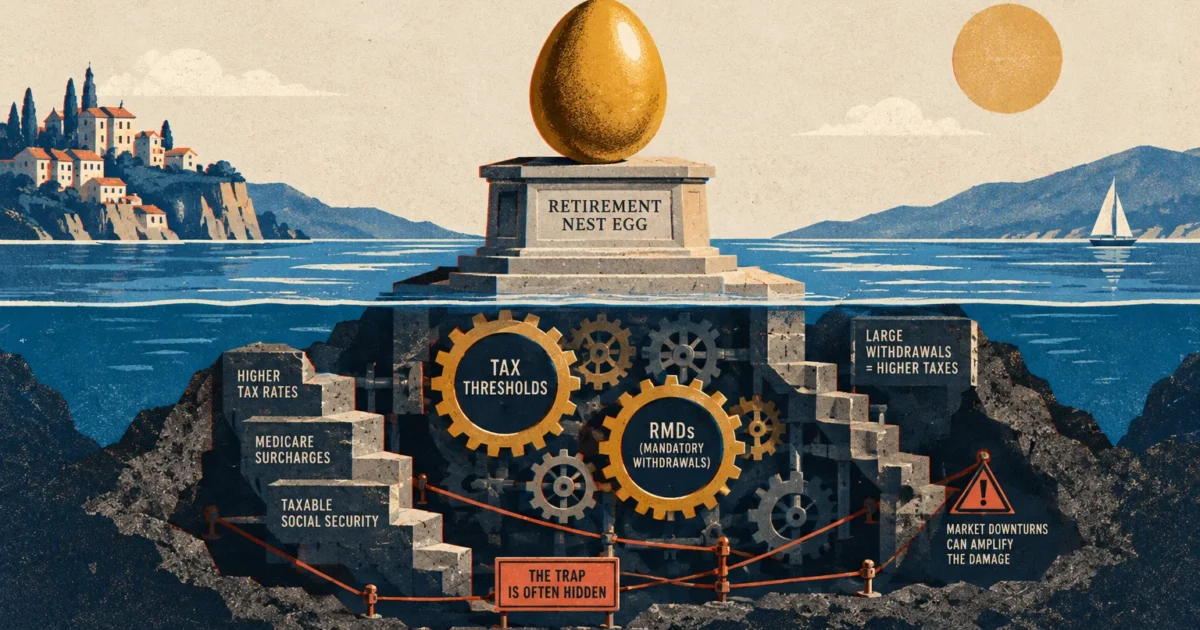A golden nest egg atop a stone pedestal above water, revealing an underwater mechanism of gears labeled with tax traps.
