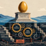 A golden nest egg atop a stone pedestal above water, revealing an underwater mechanism of gears labeled with tax traps.