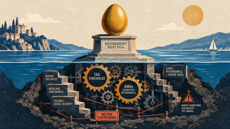 A golden nest egg atop a stone pedestal above water, revealing an underwater mechanism of gears labeled with tax traps.