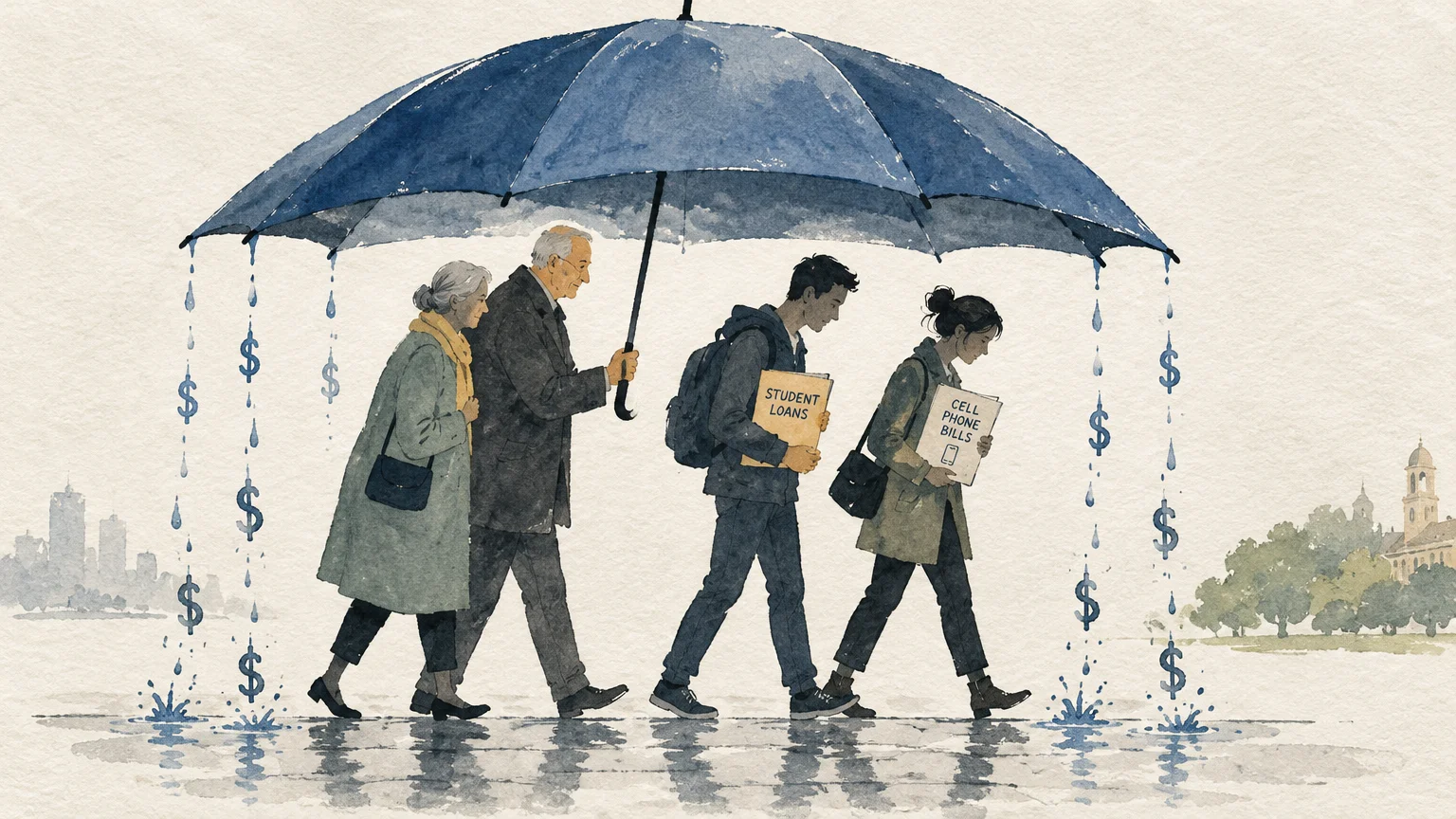 Watercolor illustration of an older couple holding a large umbrella over two adult children as dollar-sign rain falls around them.
