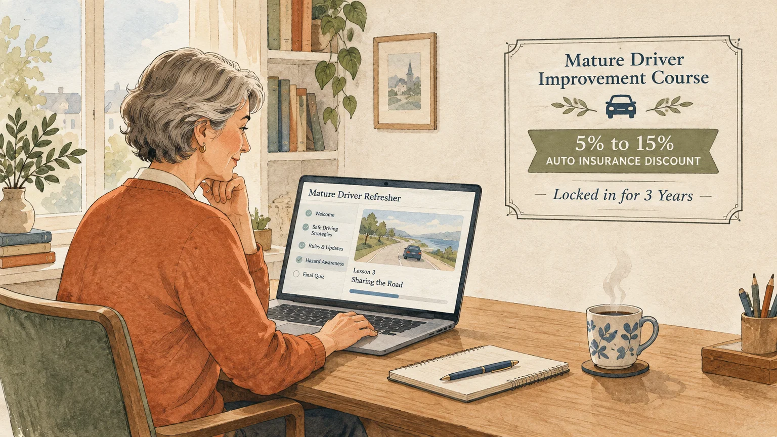 Illustration of an older woman taking an online mature driver course on her laptop at a wooden desk beside a discount sign.