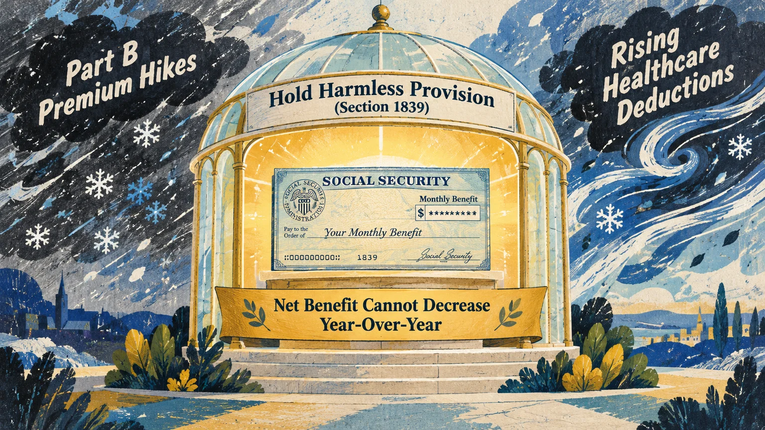 A Social Security check sheltered inside a glowing glass dome from dark storm clouds and snowflakes.