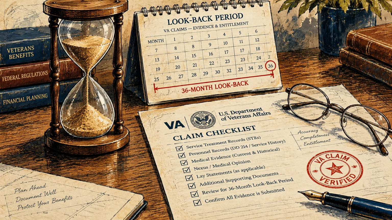 Illustration of an hourglass, a calendar highlighting a 36-month look-back period, and a VA claim checklist on a desk.