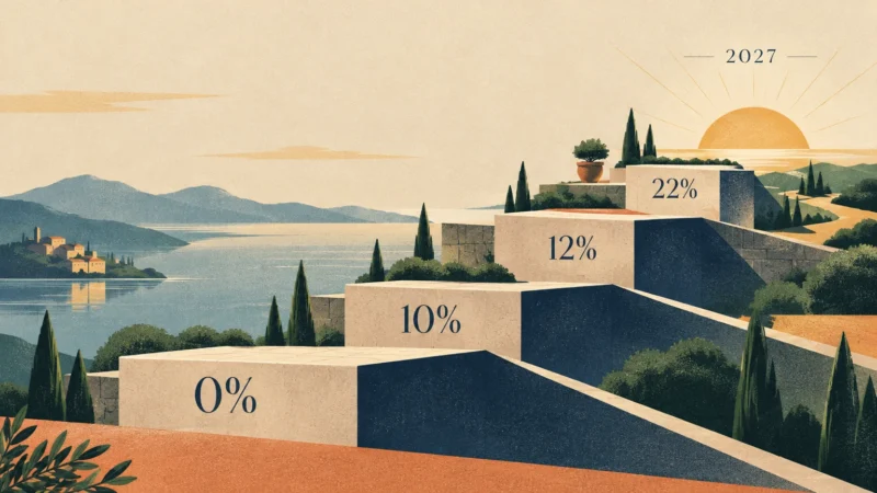 Stone steps labeled 0%, 10%, 12%, and 22% ascend a Mediterranean coastal landscape toward a sun labeled 2027.