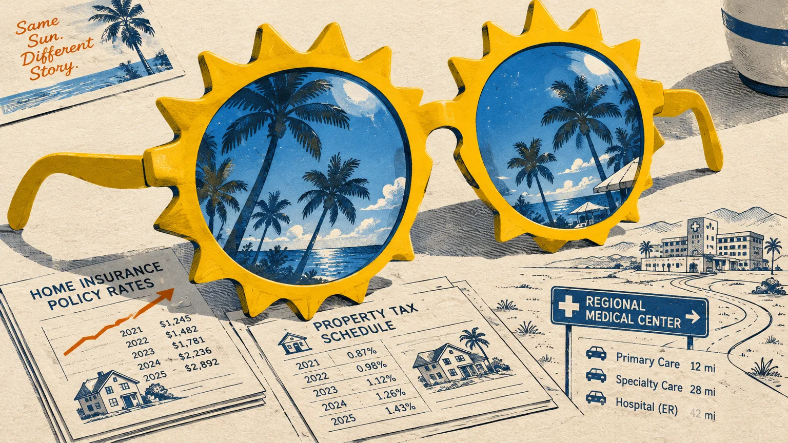 Illustration of sun-shaped sunglasses sitting over documents detailing rising home insurance rates and property tax schedules.