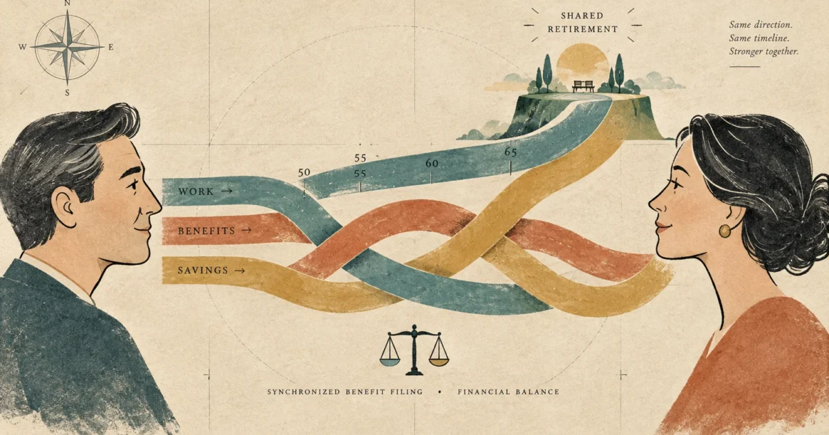 Illustration of a man and woman facing each other with winding paths of work, benefits, and savings leading to retirement.