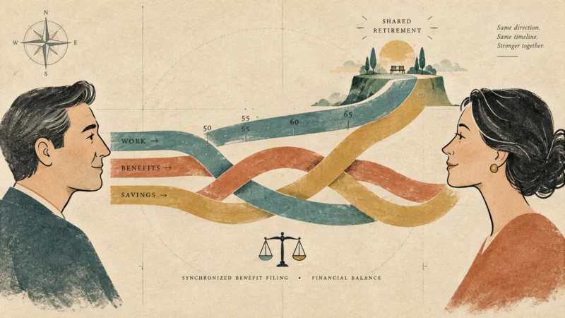 Illustration of a man and woman facing each other with winding paths of work, benefits, and savings leading to retirement.