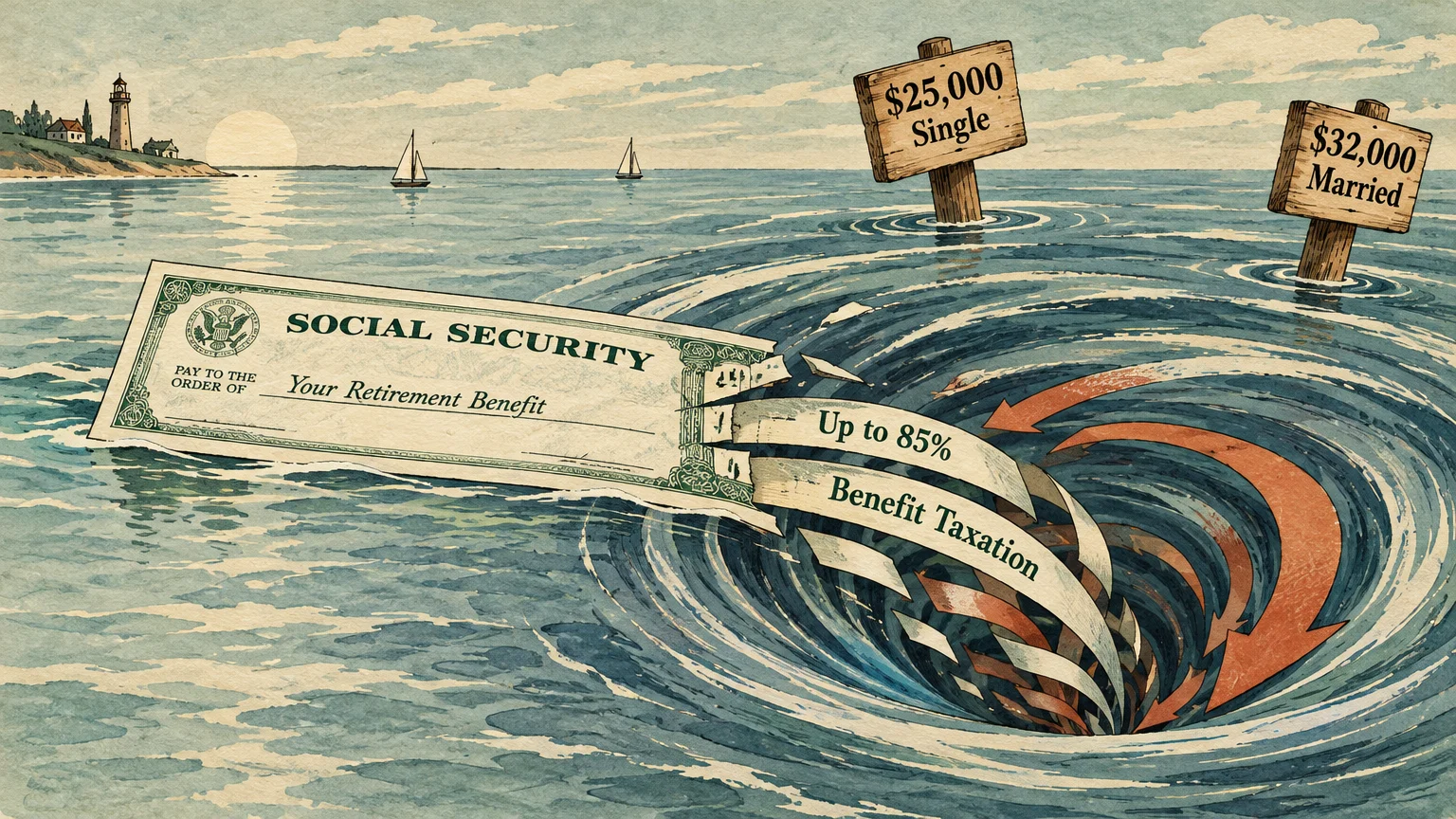 Illustration of a Social Security check tearing apart and spiraling into a whirlpool marked by wooden signs in the sea.
