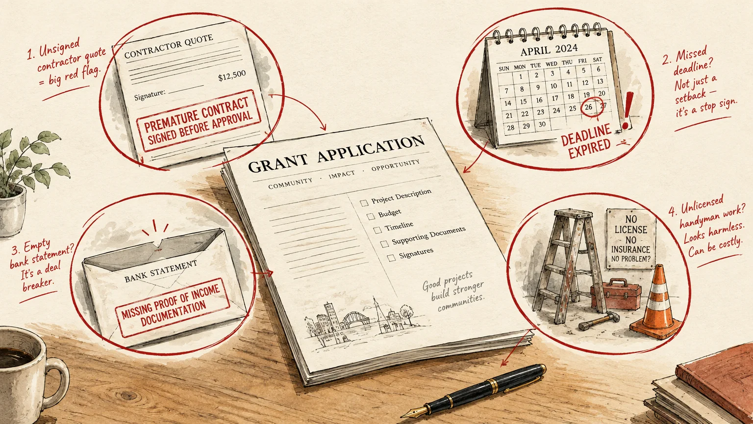 Illustration of a grant application surrounded by red circles highlighting contractor quotes, deadlines, and paperwork.